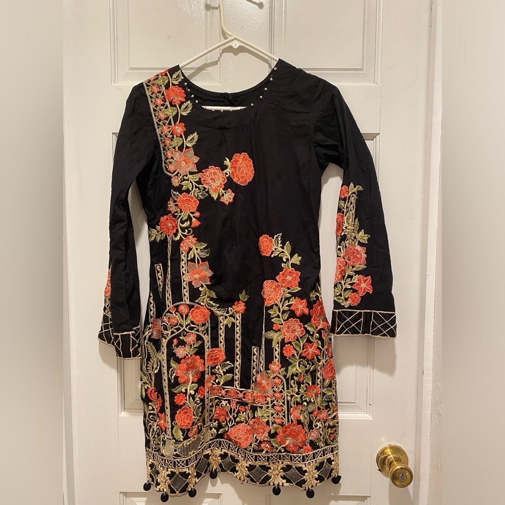 Embroidered Black and Red Floral Dress